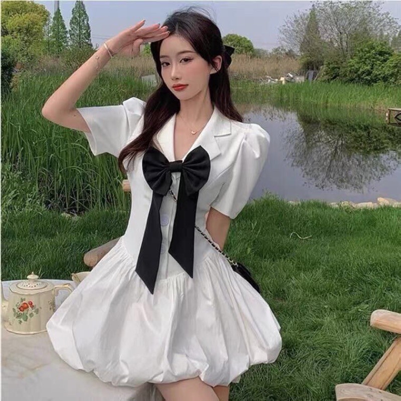 [SALE HÀNG SẴN] Đầm Bí Ngô Thắt Nơ Giả Vest Ulzzang