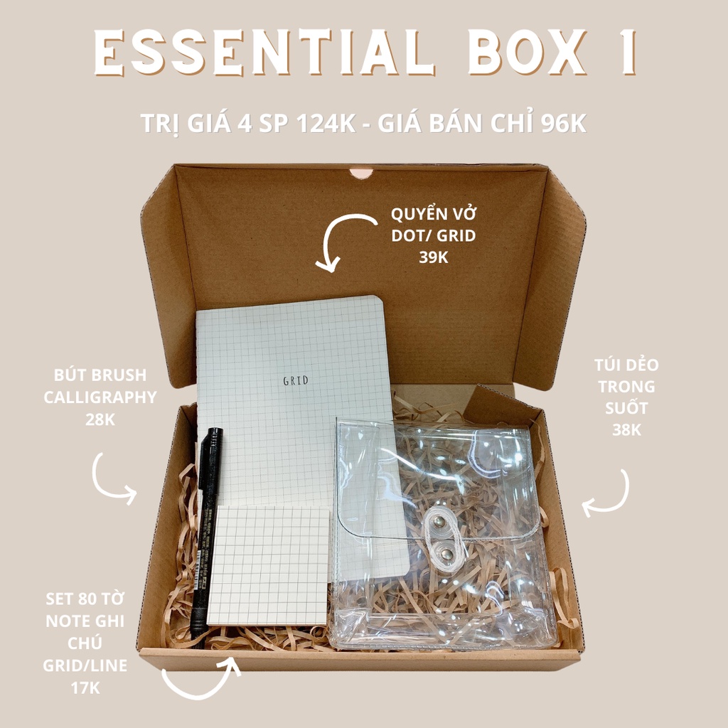 Hình ảnh Essential Box Ver. 1 - Stationery Gift Box - Bút Brush Calligraphy, Sổ Dot Grid, Giấy Note Caro Ô Vuông, Túi Bút Dẻo Tro #1