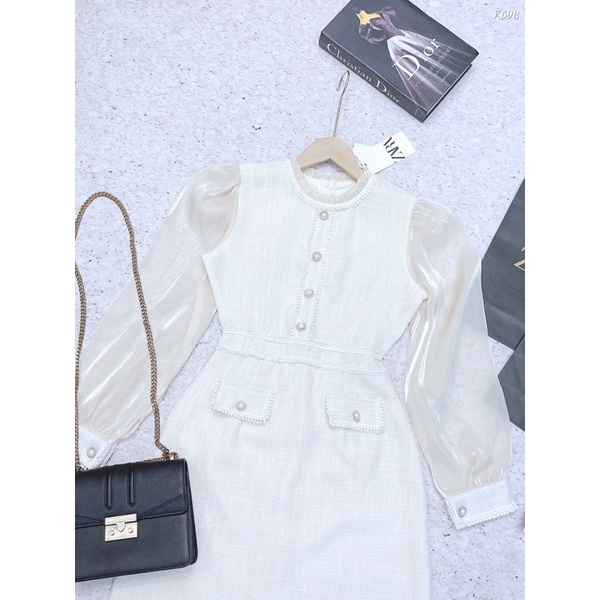 VÁY/ĐẦM DẠ TAY TƠ OGANZA PHỐI CÚC NGỌC DÁNG DÀI 2 LỚP HÀNG LOẠI 1 | BigBuy360 - bigbuy360.vn