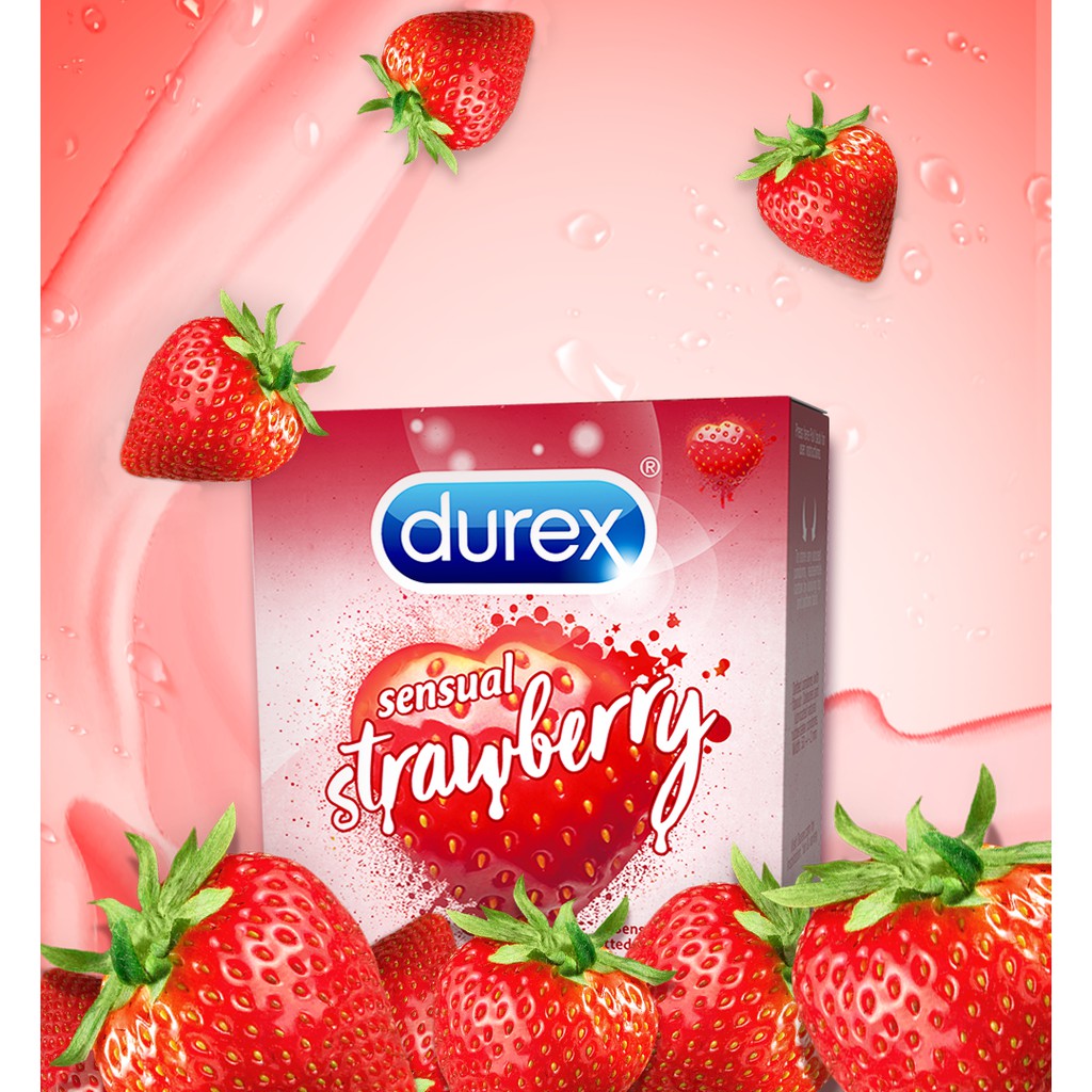 Bộ 3 hộp bao cao su Durex Sensual Strawberry hương dâu (size 52mm, 3 bao/hộp)