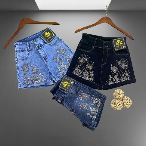 Quần sọt jean nữ co giãn lưng cao 2 nút thêu hoa đính hạt có size đại