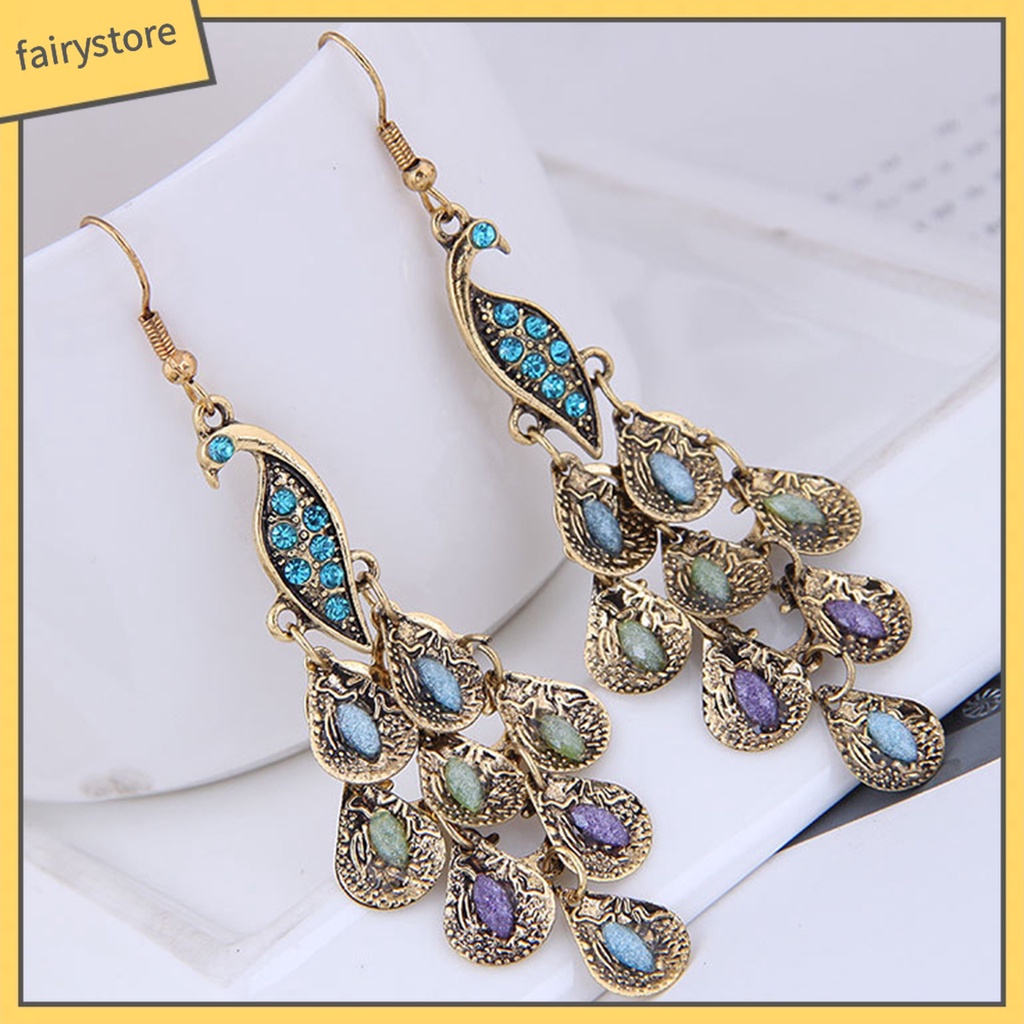 1 Đôi Bông Tai Hình Chim Công Đính Đá Phong Cách Vintage