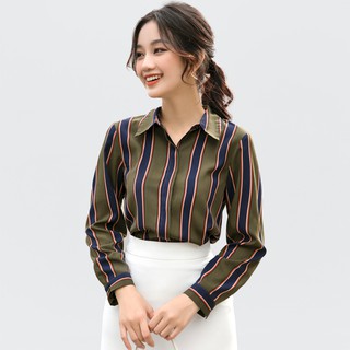 Áo sơ mi lụa xanh rêu elegant