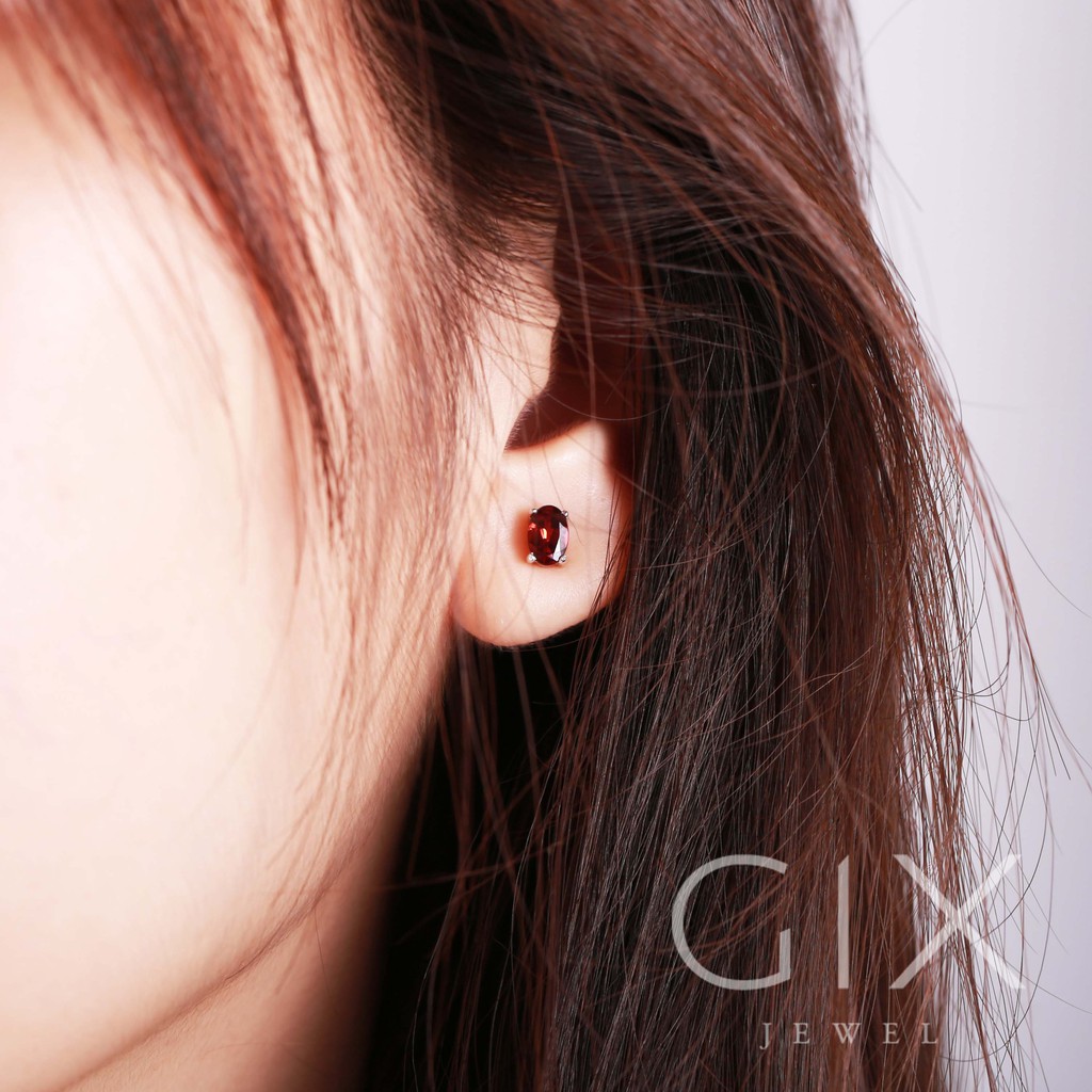 Bông tai bạc nữ đá Cz oval đỏ minimalist TPHCM Gix Jewel BT12