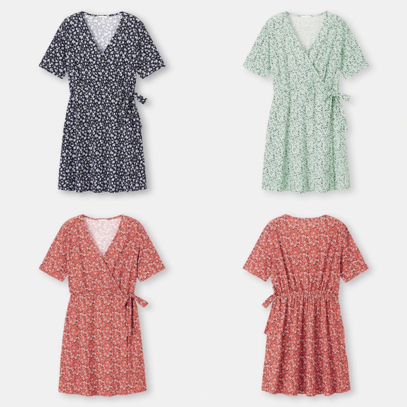 Đầm cotton hoa nhí cổ tim thắt eo xinh xắn, dễ thương Vintage của GU - Nhật Bản