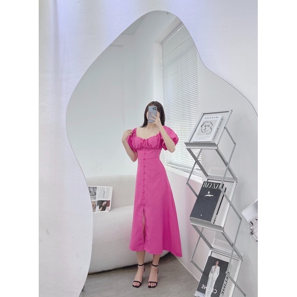 ĐẦM MAXI HỒNG TAY PHỒNG XẾP LY NGỰC PHỐI NÚT BỌC