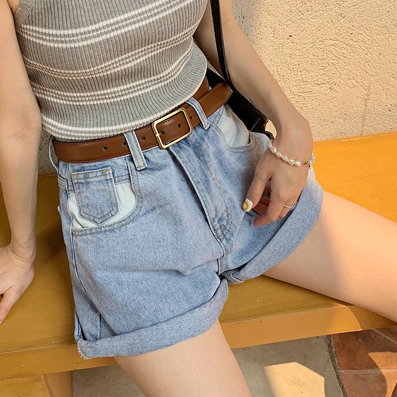 Quần short denim lưng cao ống rộng kiểu dáng retro thời trang cho nữ