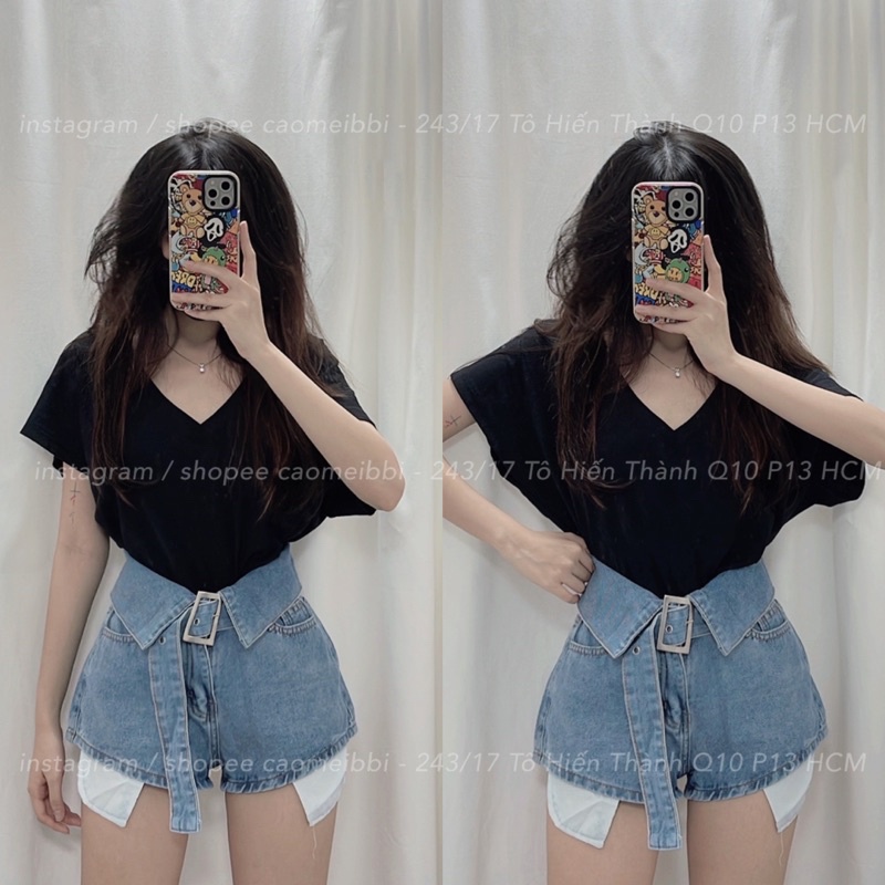Áo Thun Cổ V - Quần Short Jean Dây Đai Dài