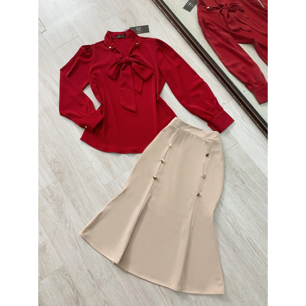 Set bộ nữ công sở Áo sơ mi đỏ, chân váy kem S048 - MC phân phối chính thức
