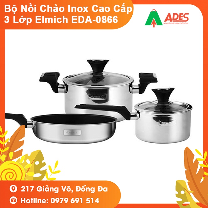 Bộ Nồi Chảo Inox Cao Cấp 3 Lớp Elmich EDA-0866 - Bảo Hành Chính Hãng - Nồi Nấu, Quách, Chảo - NEW 2021