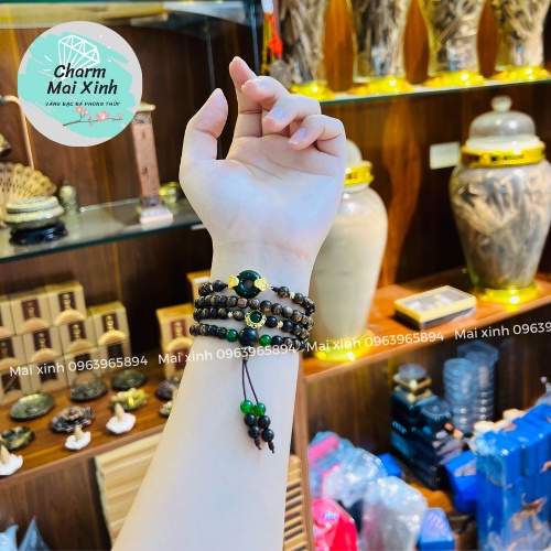 Chuỗi Trầm Hương Sánh chìm 108 hạt mix Đồng Điếu Ngo.c Bích Đậm bọc Bạc 925 - Vòng Tay Gỗ tự nhiên Nữ phong thuỷ