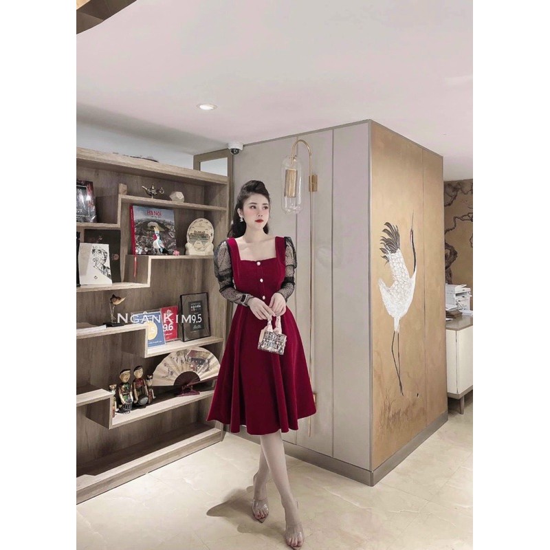 Váy Nhung Đầm nhung cổ vuông tay lưới chấm bi cao cấp cho nữ | WebRaoVat - webraovat.net.vn