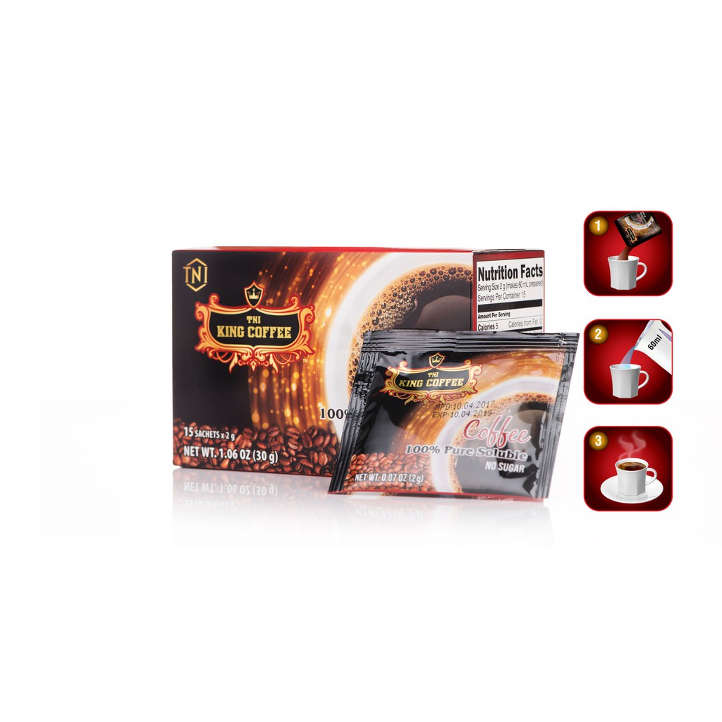 Cà Phê Hòa Tan 100% Đen Thuần Khiết KING COFFEE - Hộp 15 gói x 2g - Không Đường