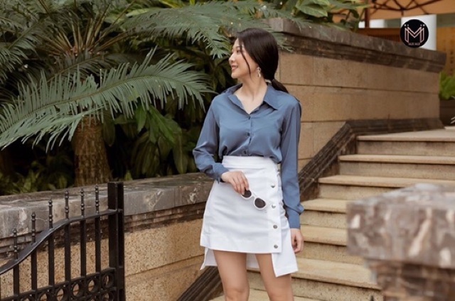 Áo sơ mi lụa màu xanh xám - MIXMIX - Hàng thiết kế - Hình thật