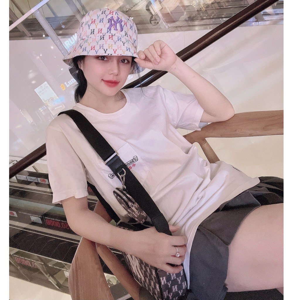 Mũ Bucket vải vành tròn NY M.L.B Monogram Rainbow White XUẤT DƯ FULL TEM TAG