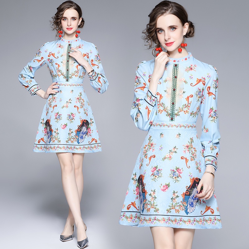 Đầm Tay Dài In Họa Tiết Kiểu Retro Thời Trang Cho Nữ