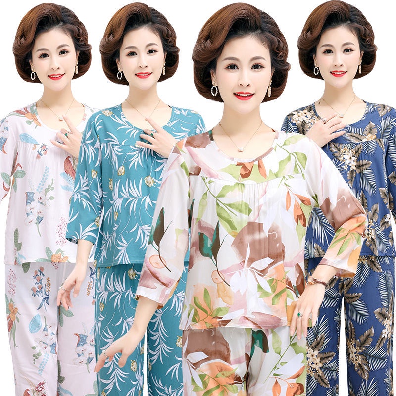 Đồ ngủ trung niên và già của phụ nữ cao tuổi cotton lụa dài tay dịch vụ tại nhà rayon hai mảnh phù hợp với mỏng | BigBuy360 - bigbuy360.vn