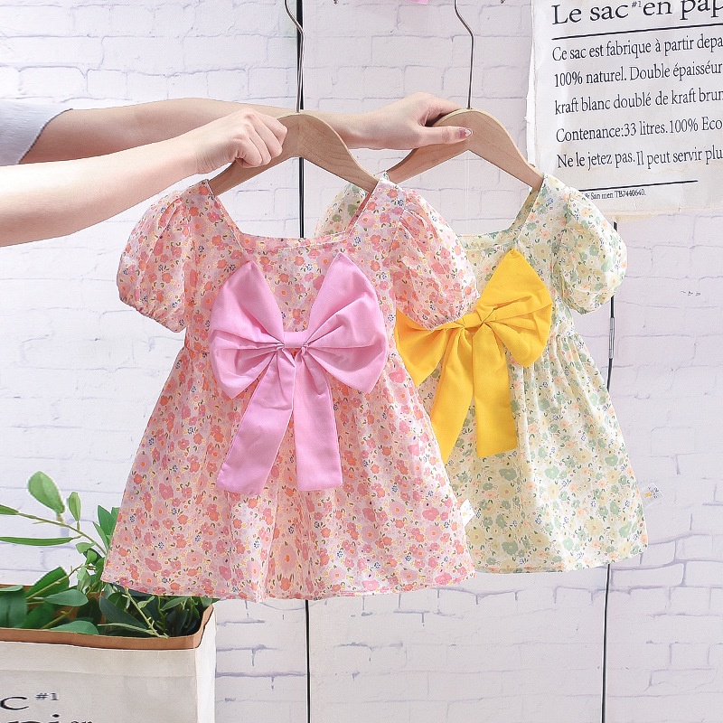 Đầm Công Chúa Mùa Hè Tay Phồng Đính Nơ Dáng Dài In Họa Tiết Hoa Phong Cách Hàn Quốc Cho Bé Gái