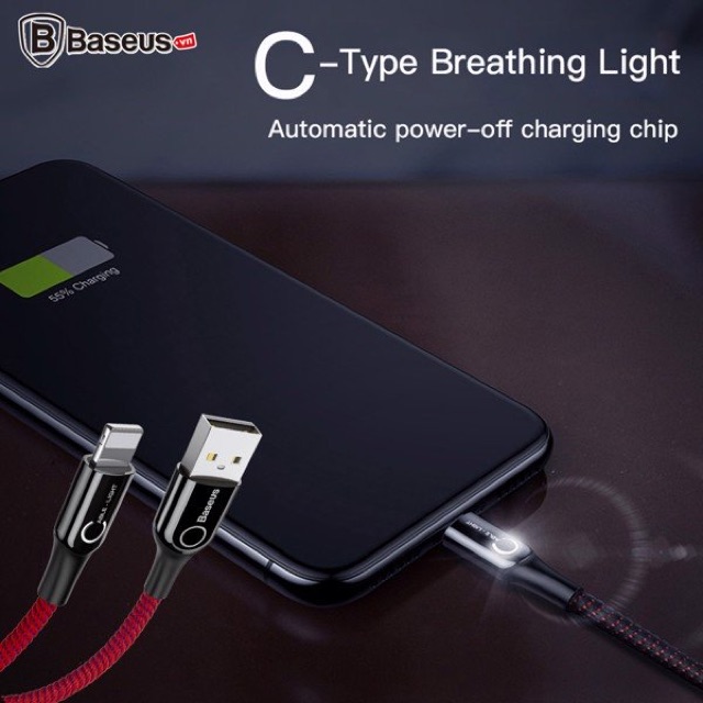 Cáp sạc Lightning tự ngắt thông minh Baseus C Shape Light LV195 cho iP 6/ 7/ 8/ iP X/ iPad (2.4A, Sạc Nhanh)