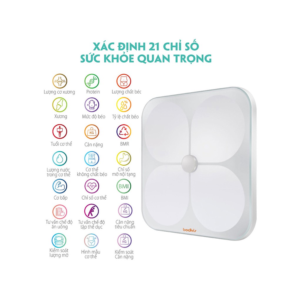 Cân sức khỏe điện tử BODIVIS H1, phân tích 21 chỉ số cơ thể chuẩn FDA, công nghệ NMRI thông minh, đo mỡ, xương, cơ bắp