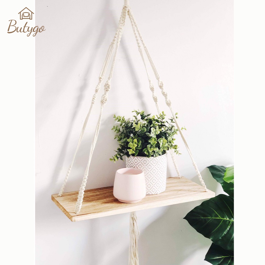 Kệ dây treo trang trí tường phòng trọ phòng ngủ gỗ tự nhiên 100% Butygo