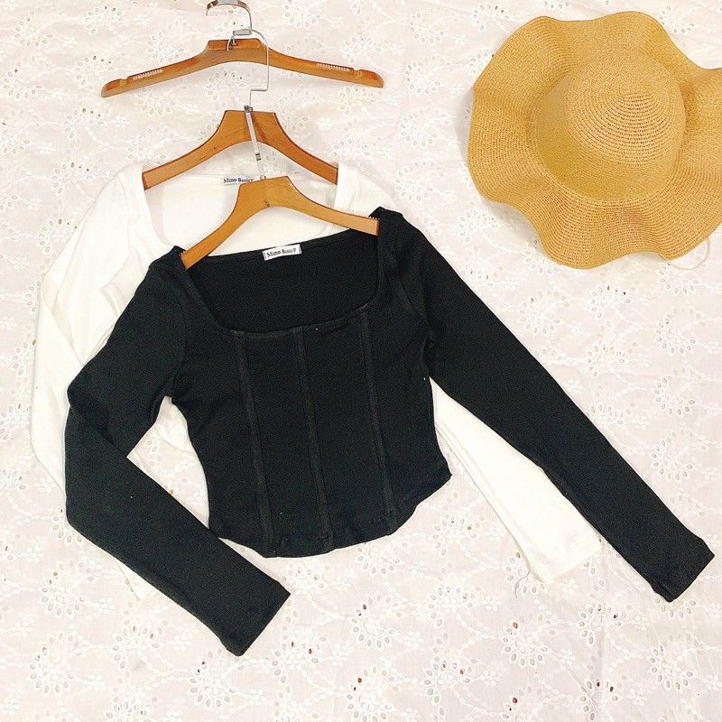 [FREE SHIP] Áo Croptop Tay Dài Cổ Vuông Thời Trang Mới Kiểu From Body