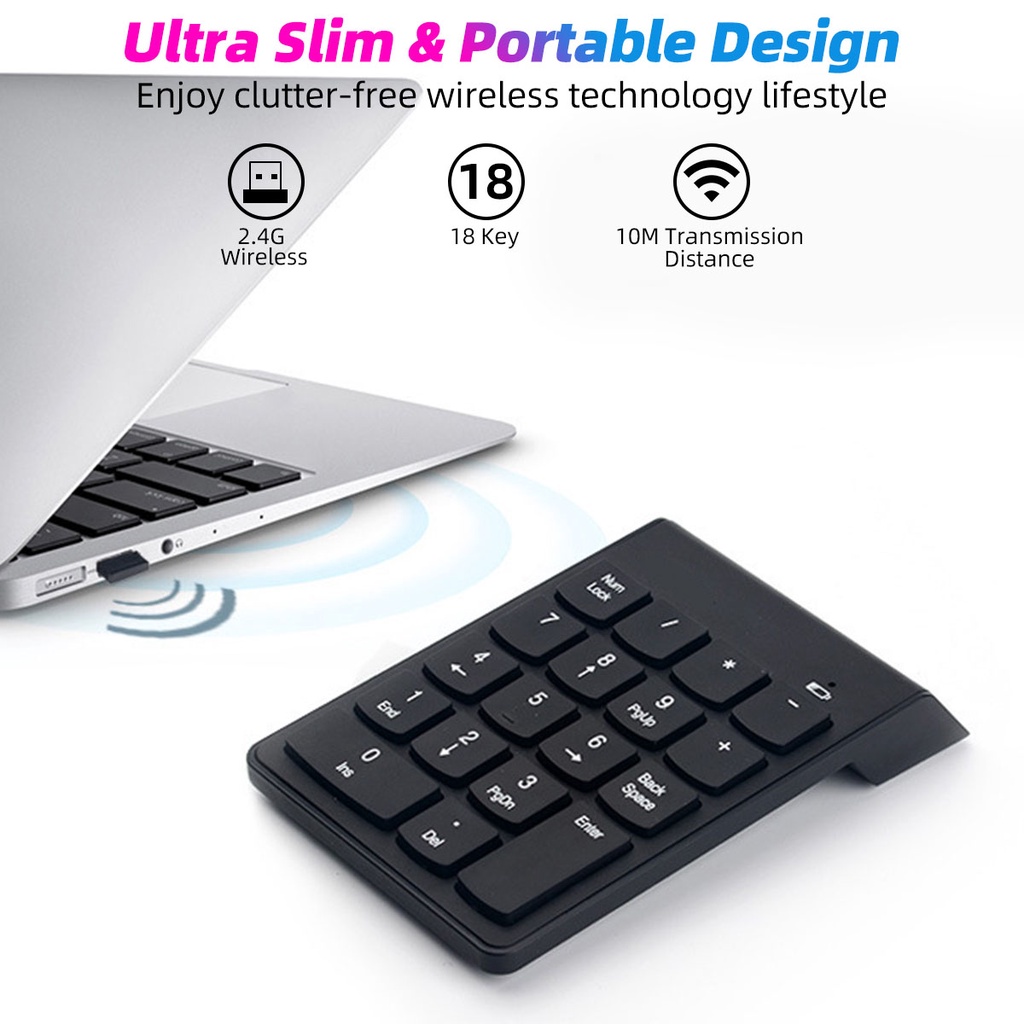 Bàn phím số rời không dây và Bluetooth 5.0 USB 2.4G 18 Phím Mini Numeric Keypad  Kết Nối Không Dây cho laptop/notebook/máy tính bảng