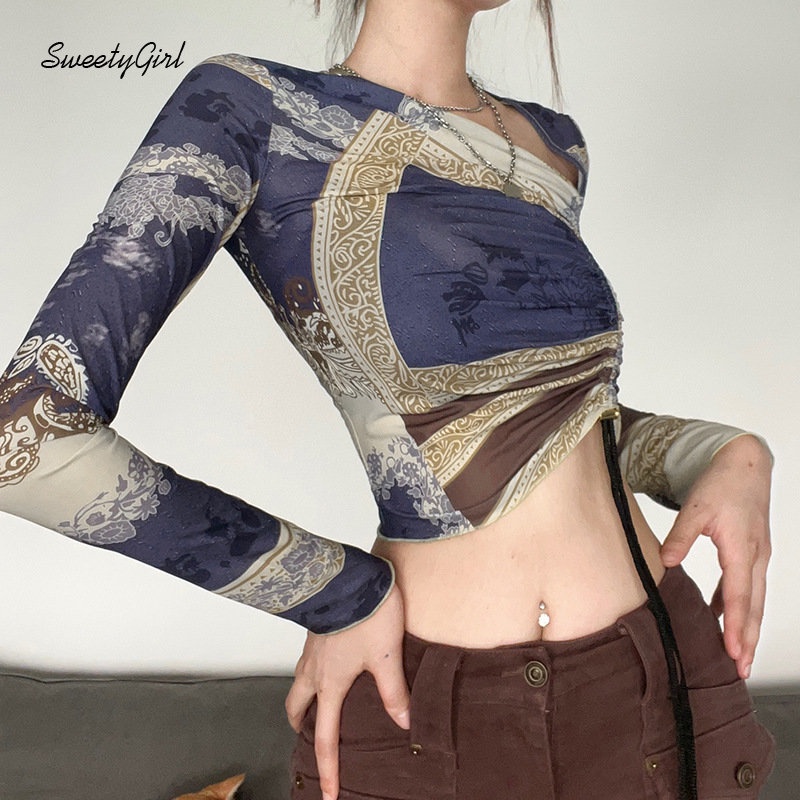 Áo Croptop Tay Dài Dáng Ôm In Họa Tiết Nhiều Màu Độc Đáo Thời Trang 2022 Quyến Rũ Cho Nữ