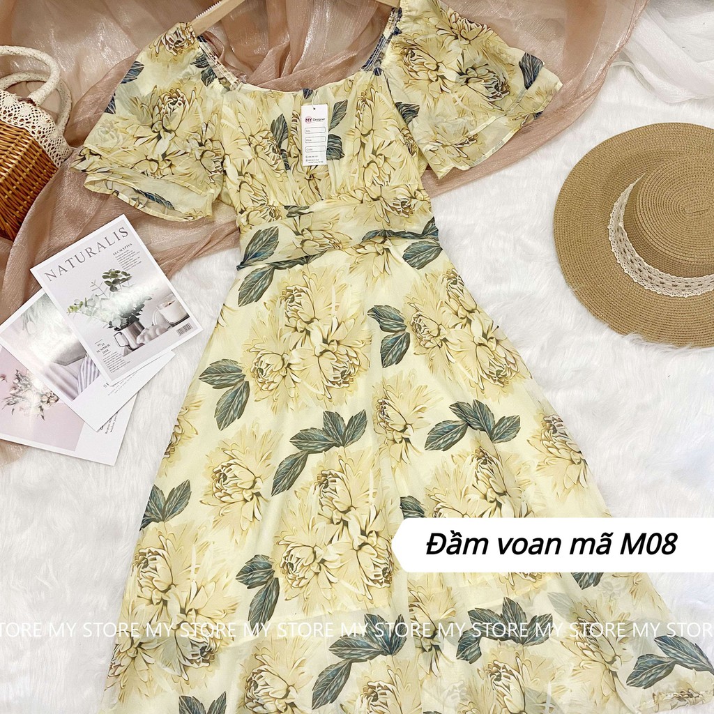 Đầm voan hoa hai lớp, đầm dáng xòe, váy đi chơi, đầm hoa nhí, váy nữ đầm dáng xòe, đầm hoa nhí dài, đầm trễ vai - M08