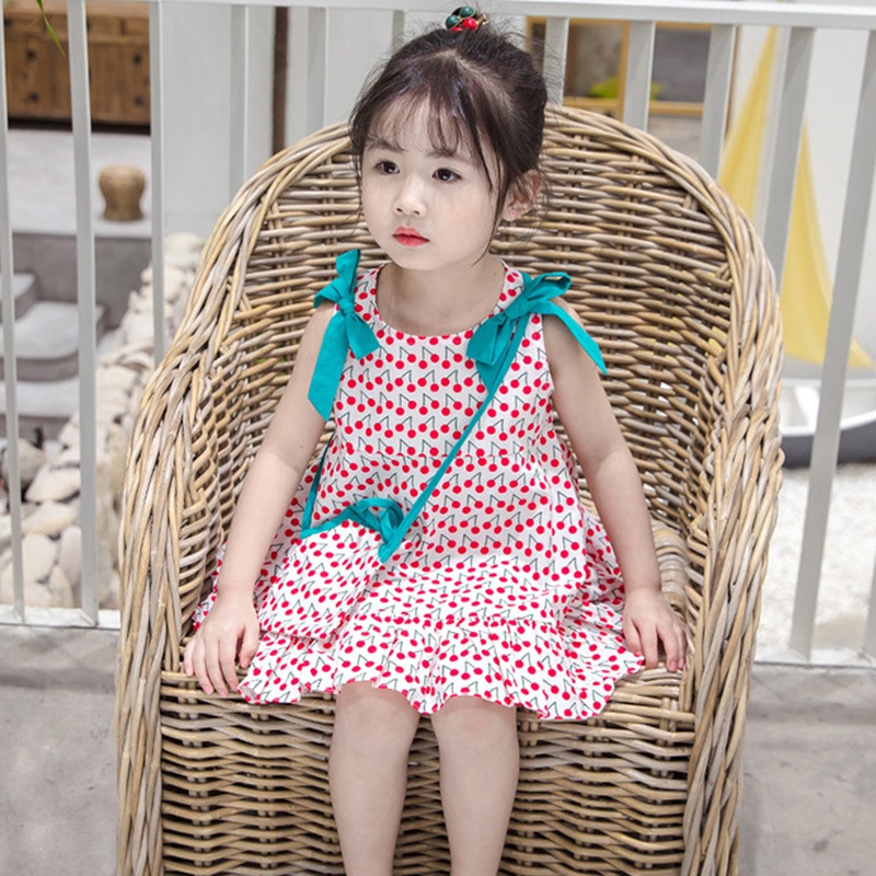 Đầm Công Chúa Hai Dây Đính Nơ In Hoa Se7en Cho Bé Gái