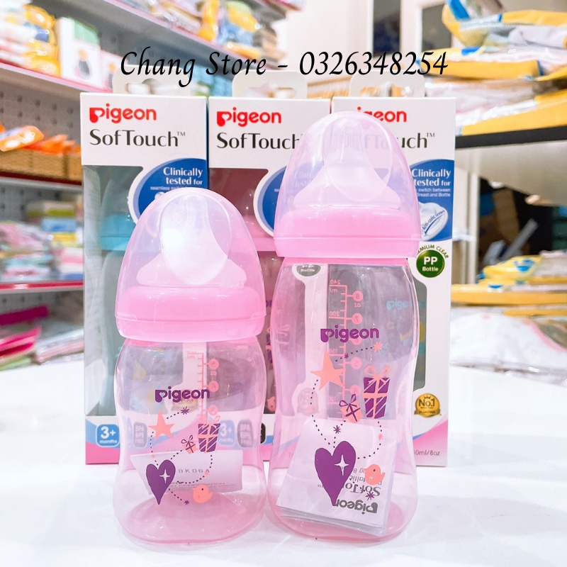 [CHÍNH HÃNG] Bình sữa Cổ Rộng PP Plus Pigeon hoạ tiết Xanh/ Hồng Cho bé từ 0M+ 160ml, 240ml