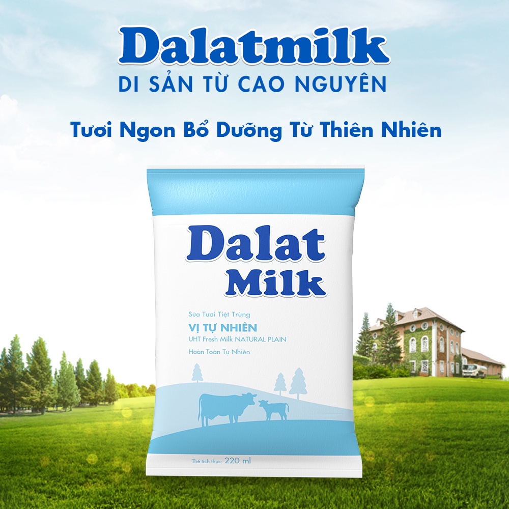 [HSD T7-2022] Thùng 48 Bịch Sữa tươi tiệt trùng Không Đường Dalat Milk 220ml