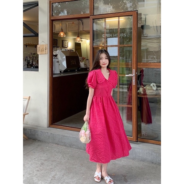 Váy Babydoll Kẻ Hồng Dáng Dài Siêu Xinh
