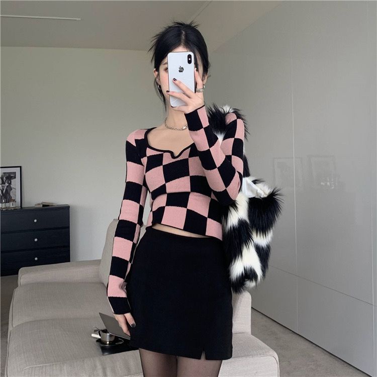 Áo croptop Tay Dài Kẻ Sọc Caro Phong Cách Hàn Quốc