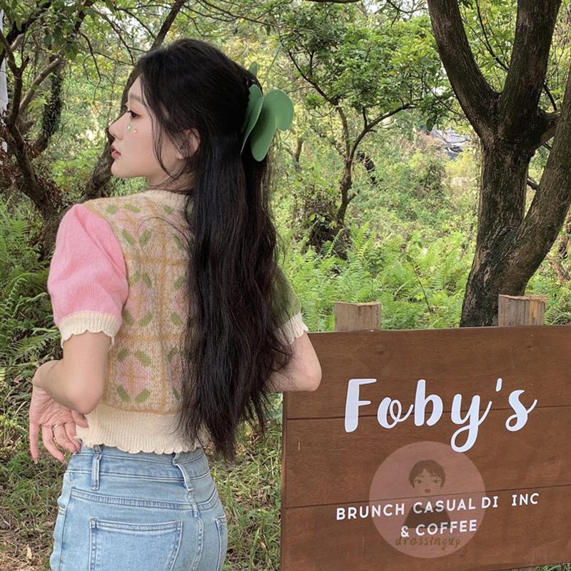 Áo Cardigan Ngắn Tay Cổ Chữ V Màu Sắc Tương Phản Phong Cách Vintage Dành Cho Nữ