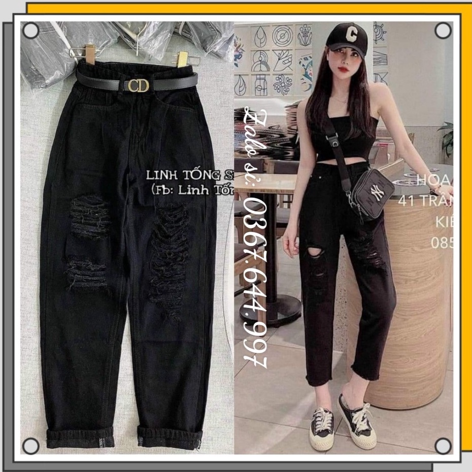 Quần jean baggy nữ rách cá tính - Quần bò nữ cạp cao - chất jean mềm dày dặn