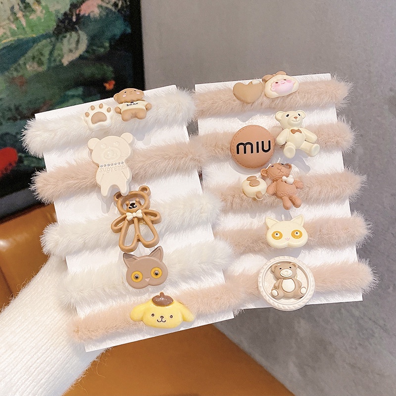 Dây buộc tóc cao su phối vải lông họa tiết hoạt hình thời trang 2021