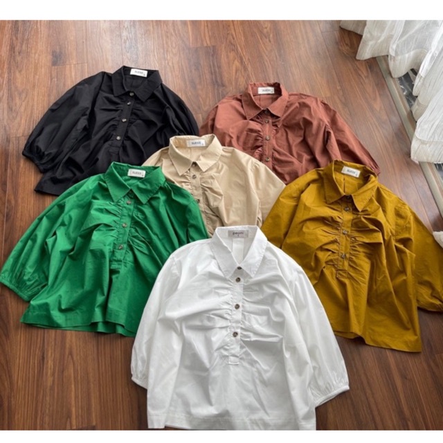 Áo kiểu nhúng ngực cổ sơmi nữ, chất vải cotton đẹp.Hình thật shop chụp cận vải