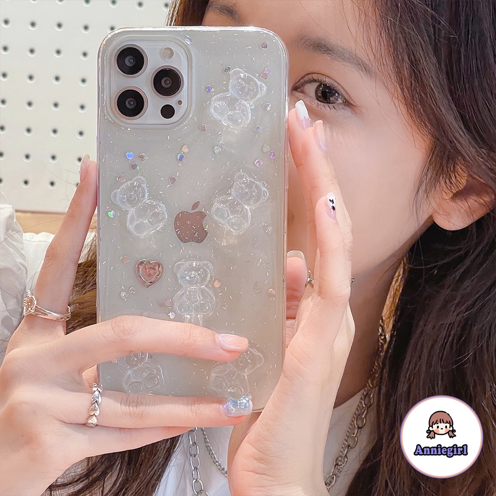 Ốp điện thoại tpu mềm chống sốc màu trong suốt họa tiết chú gấu 3d kim tuyến cho IPhone 13 12 11 Pro Max 7 Plus | BigBuy360 - bigbuy360.vn