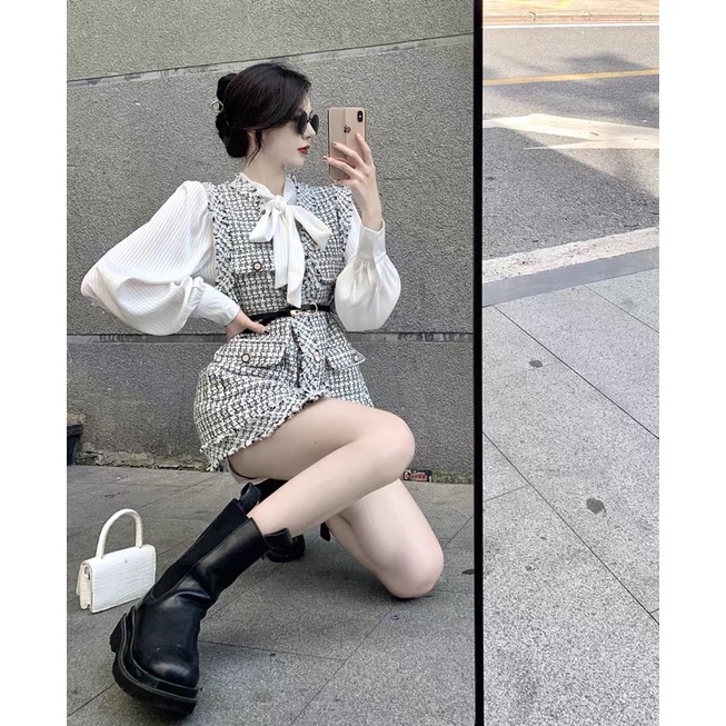 Áo khoác gile chất dạ tweed kèm belt