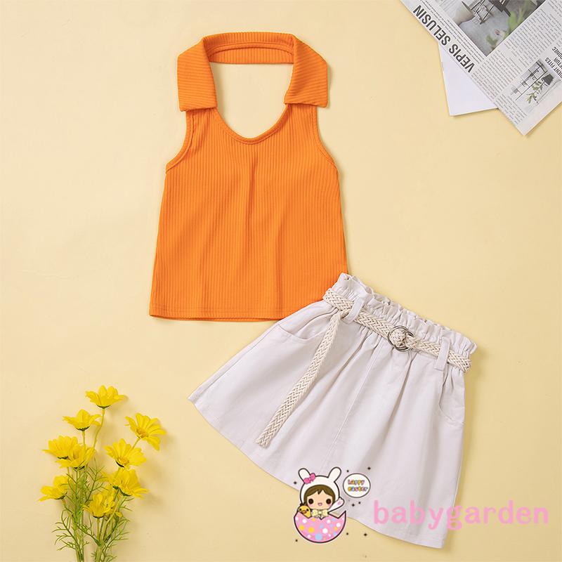 Bộ Áo Cổ Yếm + Chân Váy Màu Trơn Kèm Thắt Lưng Dễ Thương Cho Bé Gái 1-6 Tuổi