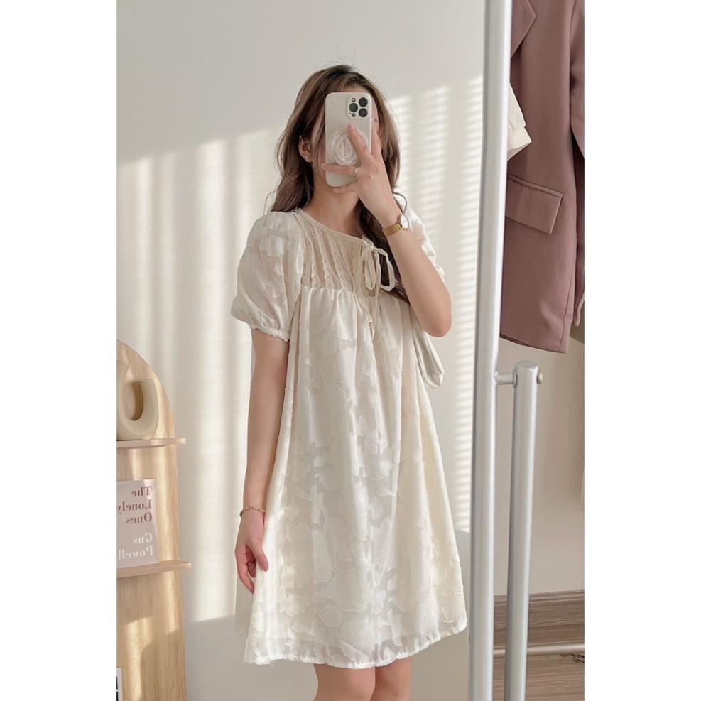 Váy babydoll hoa nổi cổ thắt nơ, đầm bầu dáng rộng mặc đi tiệc đi chơi, váy bầu công sở==