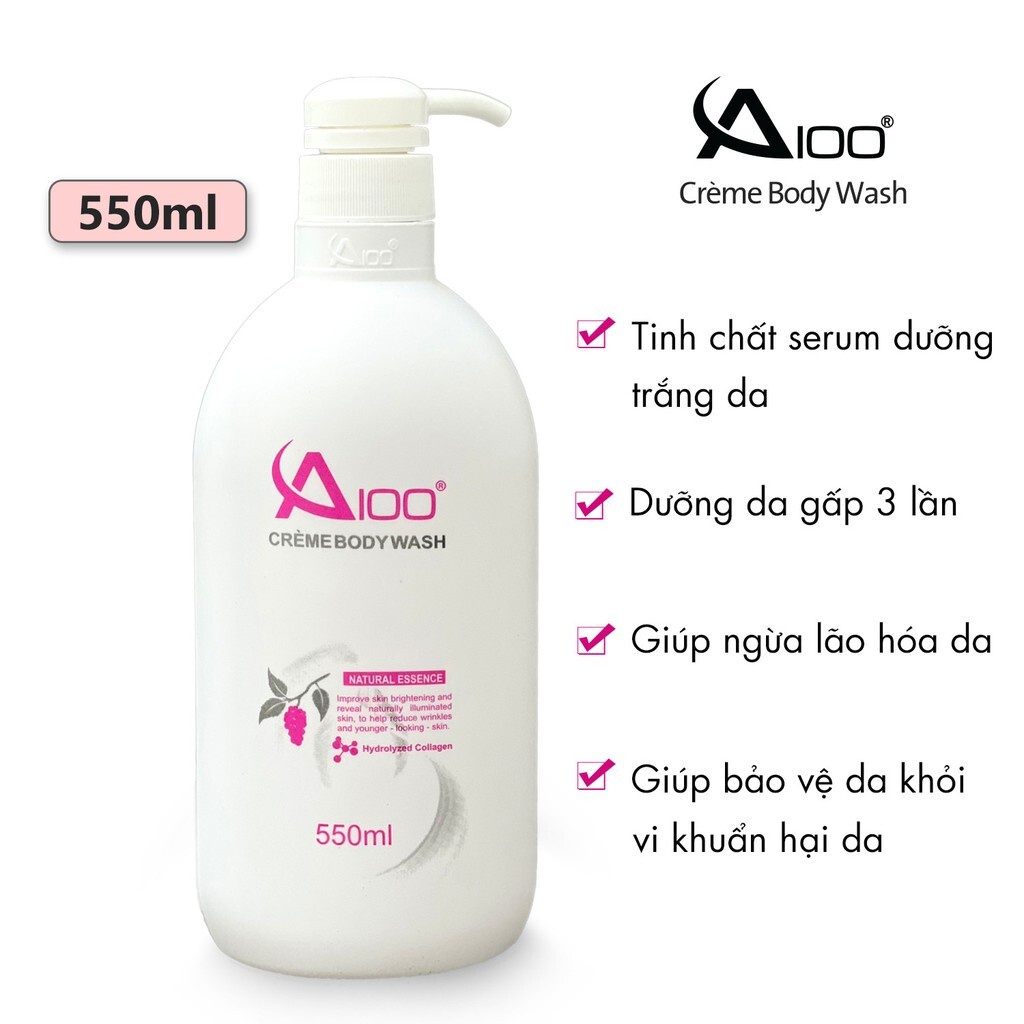 Sữa Tắm Trắng A100 Creme Body Wash Chiết Xuất Dầu Tằm Chai - Giúp Làm Mềm Da, Trắng Sáng, Hương Thơm Quyến Rủ 550ml