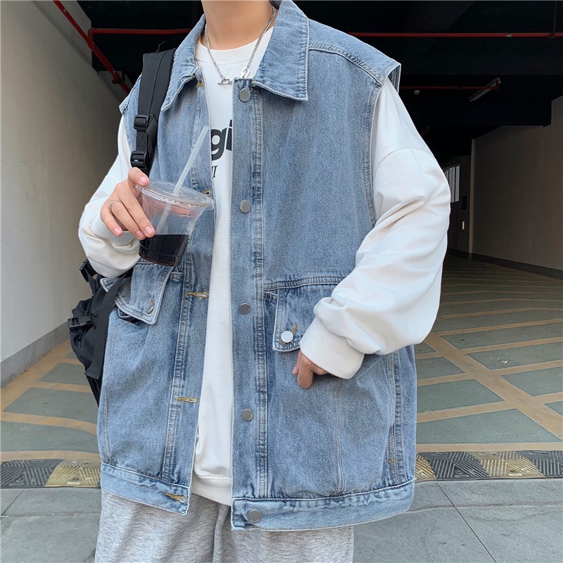Áo Khoác Ghi Lê Denim Dáng Rộng Phối Túi Lớn Phong Cách Hồng Kông Thời Trang Thu Đông Cho Nam TF1