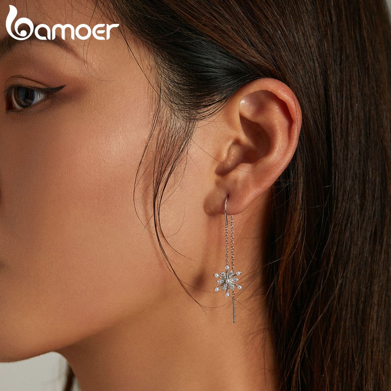 BAMOER 1 Đôi Bông Tai Bạc 925 Hình Bông Tuyết Thời Trang Cho Nữ Sce1305