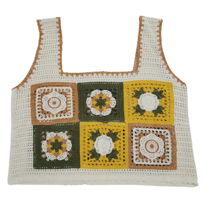 Brroa Áo Crop Top Dệt Kim Không Tay Cổ Vuông In Họa Tiết Hoa Mini Màu Sắc Tương Phản Phong Cách Vintage Dành Cho Nữ