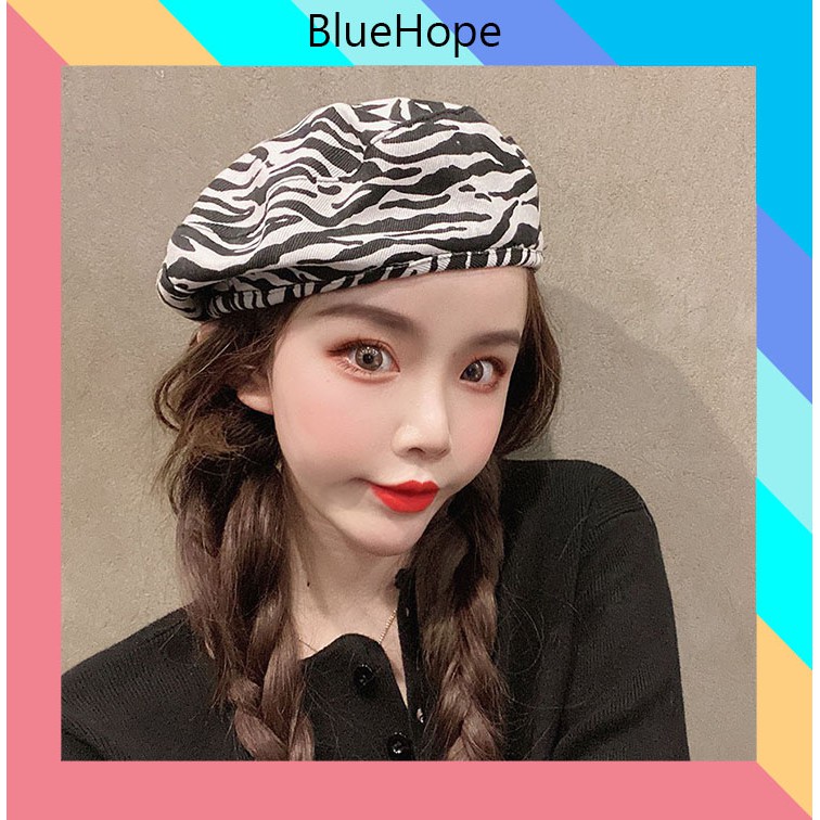 Mũ Nồi NỮ Beret Chỉnh được kích thước họa tiết ngựa vằn xinh xắn phong cách Hàn Quốc MN04