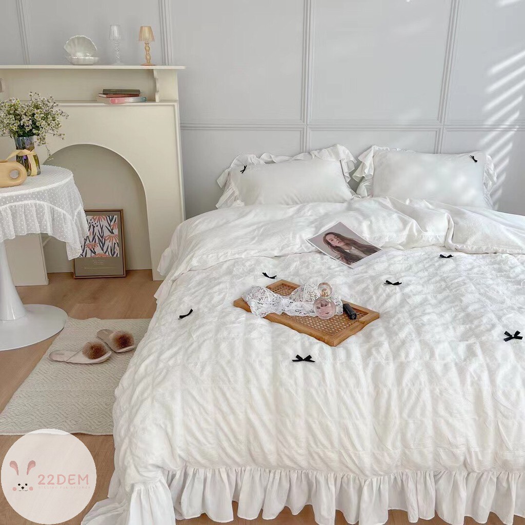 Bộ Chăn Ga Gối Chanel Đũi Trắng Nhẹ Nhàng 22Dem