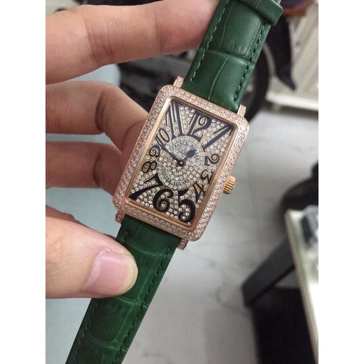 Đồng hồ Nữ Franck Muller chữ nhật mặt kín đá cao cấp chạy pin máy Nhật size 34mm dây da nhiều mầu