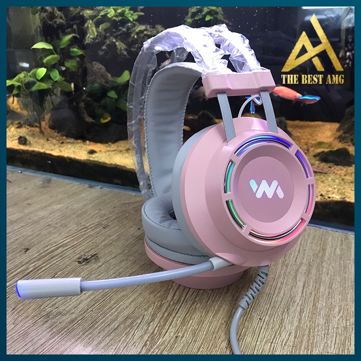 Tai Nghe Máy Tính Laptop Chụp Tai Gaming Headphone Có Mic LED RGB WANGMING 9800S Hồng- Tai Nghe Nhạc Chơi Game Có Dây